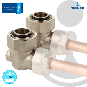 tecuro Hahnblock-Verschraubung für 2-Rohrbetrieb, Abstand 50 mm, Eckform, einzeln absperrbar, Messing vernickelt