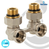 tecuro Hahnblock-Verschraubung für 2-Rohrbetrieb, Abstand 50 mm, Eckform, einzeln absperrbar, Messing vernickelt