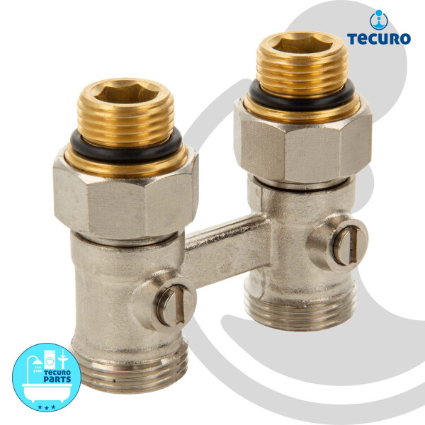 tecuro Hahnblock-Verschraubung für 2-Rohrbetrieb, Abstand 50 mm, Durchgangsform, einzeln absperrbar, Messing vernickelt