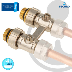 tecuro Hahnblock-Verschraubung für 2-Rohrbetrieb, Abstand 50 mm, Durchgangsform, einzeln absperrbar, Messing vernickelt