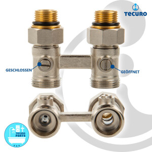 tecuro Hahnblock-Verschraubung für 2-Rohrbetrieb, Abstand 50 mm, Durchgangsform, einzeln absperrbar, Messing vernickelt