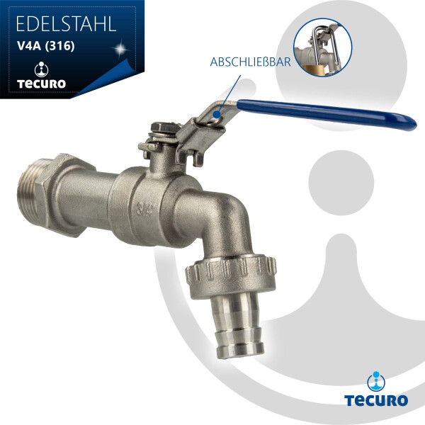 Edelstahl Kugelauslaufventil Wandanschluss 3/4 Zoll mit Stahlhebel in blau - abschließbar,  V4A (316)