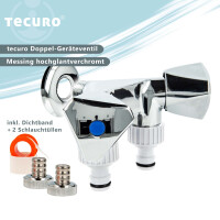tecuro Doppel-Geräteventil mit 2 Abgängen, Steckkupplungen, Wandrosette, PTFE-Dichtband, MS hochglanzverchromt