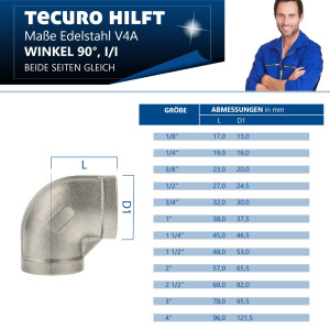 tecuro Winkel 90° Edelstahl V4A (AISI 316), IG x IG 1/2 Zoll