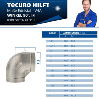 tecuro Winkel 90° Edelstahl V4A (AISI 316), IG x IG 1/2 Zoll