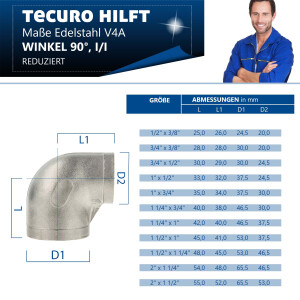 tecuro Winkel 90° reduziert, Edelstahl V4A (AISI 316), IG x IG 3/4 x 3/8 Zoll