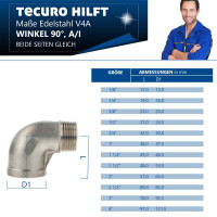 tecuro Winkel 90° Edelstahl V4A (AISI 316), IG x AG 1/4 Zoll