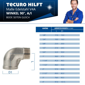 tecuro Winkel 90° Edelstahl V4A (AISI 316), IG x AG 1/2 Zoll