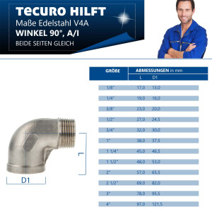 tecuro Winkel 90° Edelstahl V4A (AISI 316), IG x AG 1 1/2 Zoll