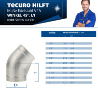tecuro Kurzer Winkel 45° Edelstahl V4A (AISI 316), IG x IG 1/4 Zoll