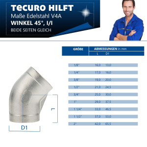 tecuro Kurzer Winkel 45° Edelstahl V4A (AISI 316), IG x IG 1 Zoll