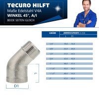 tecuro Kurzer Winkel 45° Edelstahl V4A (AISI 316), IG x AG 1/4 Zoll