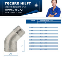 tecuro Kurzer Winkel 45° Edelstahl V4A (AISI 316), IG x AG 3/8 Zoll