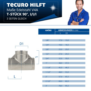 tecuro T-Stück 90° Edelstahl V4A (AISI 316), allseitig IG - verschiedene Größen
