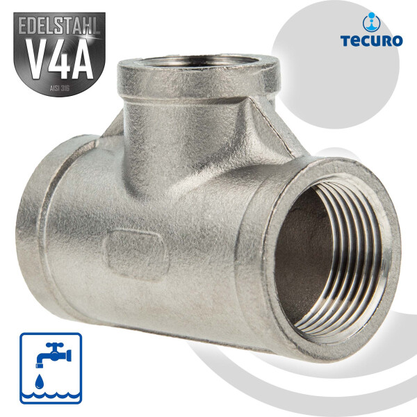 tecuro T-Stück 90° reduziert Edelstahl V4A (AISI 316), IG/IG/IG 3/4 x 1/2 x 3/4 Zoll