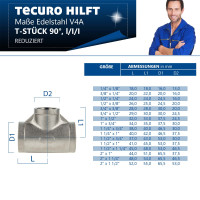 tecuro T-Stück 90° reduziert Edelstahl V4A (AISI 316), IG/IG/IG 3/4 x 1/2 x 3/4 Zoll