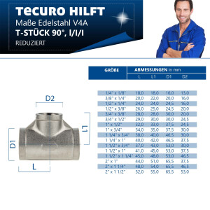 tecuro T-Stück 90° reduziert Edelstahl V4A (AISI 316), IG/IG/IG 1 1/2 x 1 1/4 x 1 1/2 Zoll