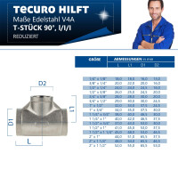 tecuro T-Stück 90° reduziert Edelstahl V4A (AISI 316), IG/IG/IG 1 1/2 x 1 1/4 x 1 1/2 Zoll