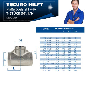 tecuro T-Stück 90° reduziert Edelstahl V4A (AISI 316), IG/IG/IG 2 x 1 1/4 x 2 Zoll